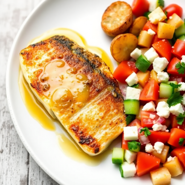 Pan-Grilled Lemon Buttered Hake with Roasted Potatoes and Greek Salad