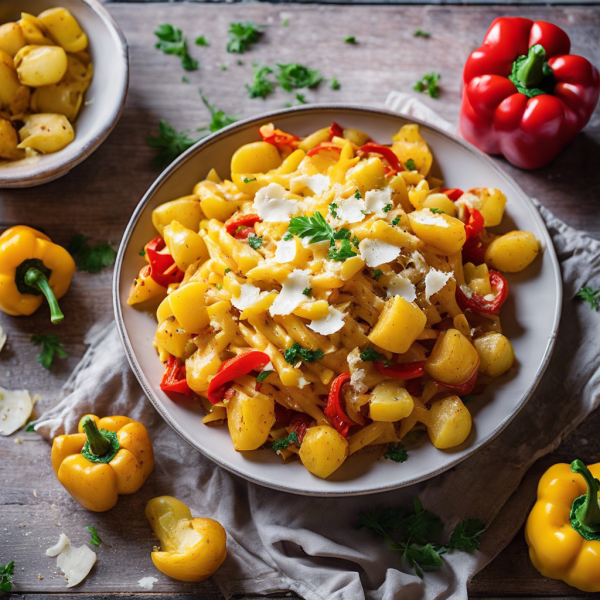 Cheesy Garlic Pasta with Roasted Peppers and Potatoes