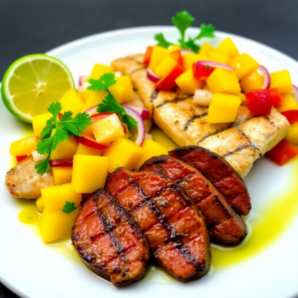 Tropical Beef & Trout Duo with Mango Salsa