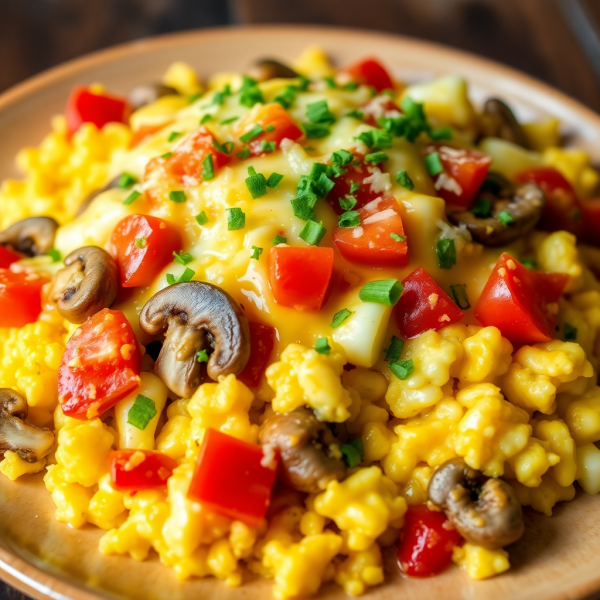 Cheesy Mushroom and Tomato Scramble