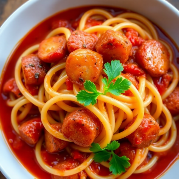 Mediterranean Pasta with Spiced Potatoes and Tomato Sauce