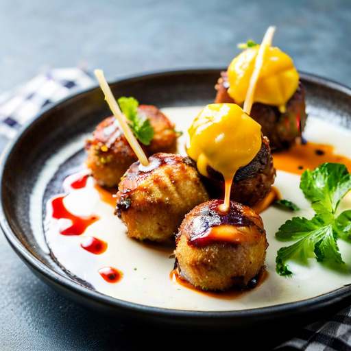 Rabbit and Cheese Croquettes with Chocolate and Mango Sauce