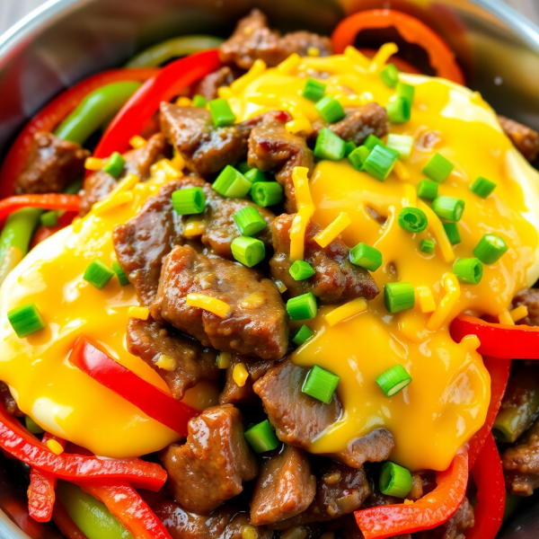 Cheesy Beef Stir-Fry with Scrambled Eggs