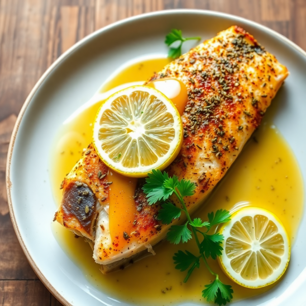 Herb-Crusted Mackerel Fillet with Lemon Garlic Sauce