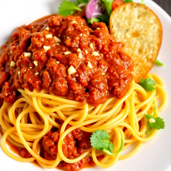 Spaghetti Bolognese with Garlic Bread and Side Salad